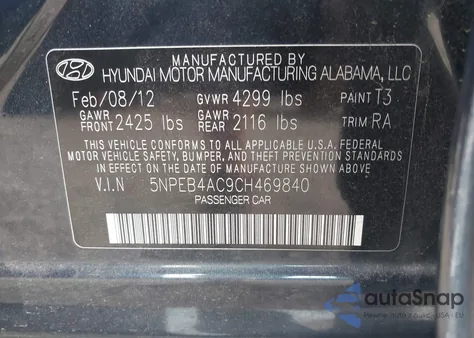 2012 Hyundai Sonata Gls from USA, damaged, VIN 5NPEB4AC9CH469840